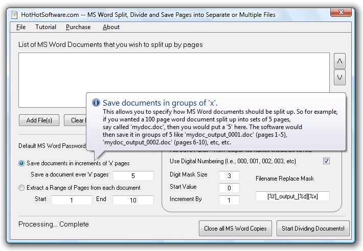 Split Divide and Save Pages MSWord screenshot