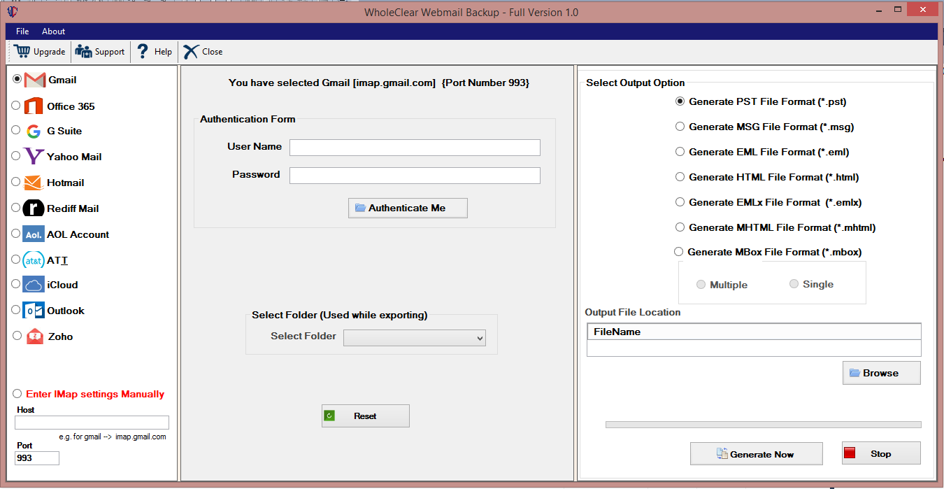 WholeClear Gmail Backup Software screenshot