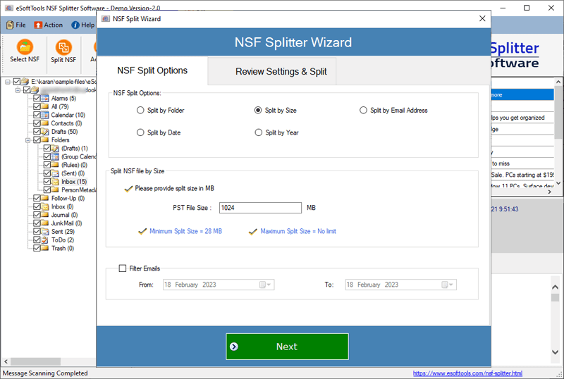 eSoftTools NSF Splitter Software screenshot