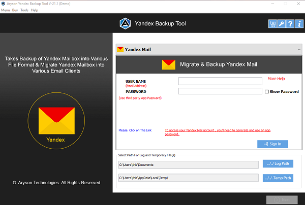 Aryson Yandex Backup Tool screenshot