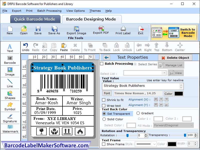 Barcode Publishers Library label Maker screenshot