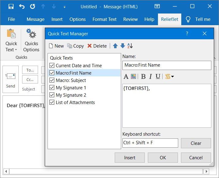 ReliefJet Quick Text for Outlook screenshot