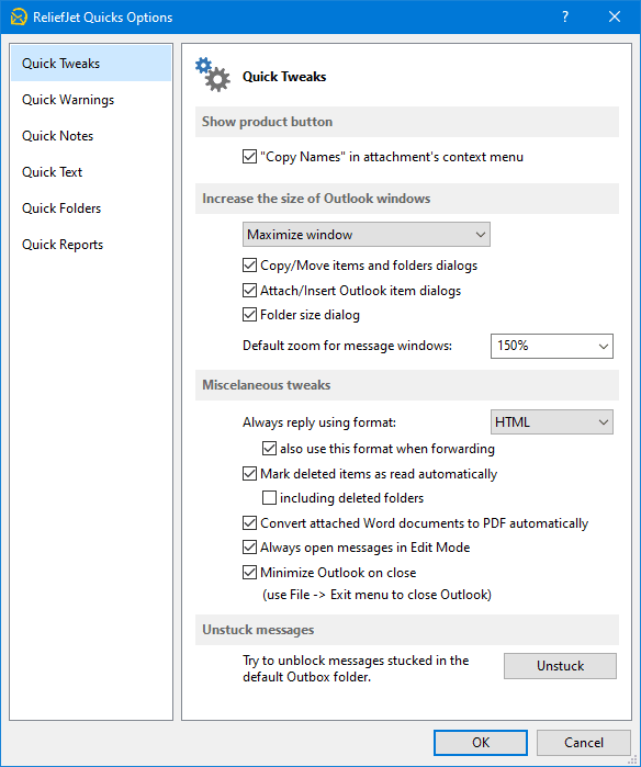 ReliefJet Quick Tweaks for Outlook screenshot