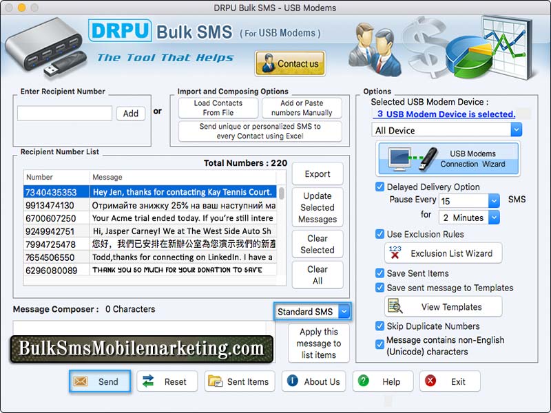 Bulk SMS Modem Marketing Mac USB Modems screenshot
