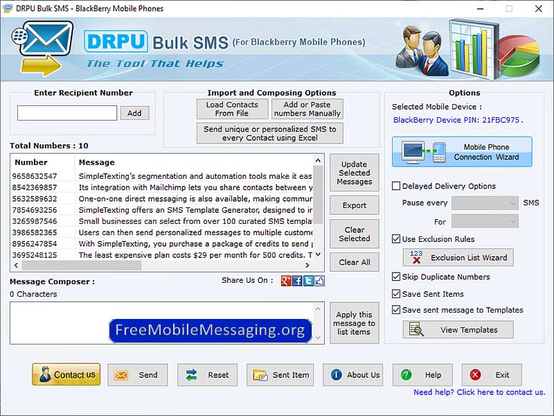Bulk SMS Software for BlackBerry Mobile screenshot