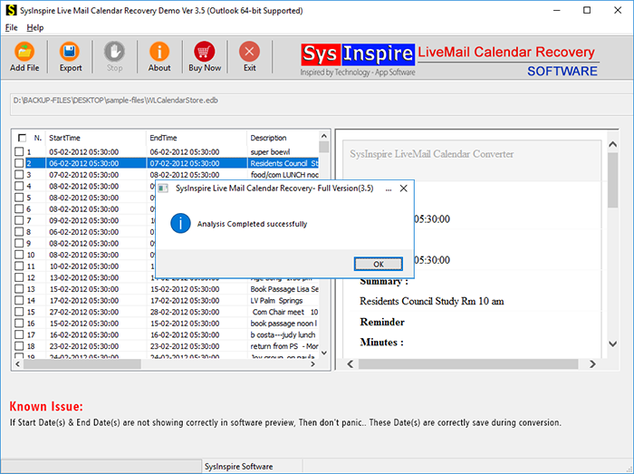 SysInspire Live Mail Calendar Recovery screenshot