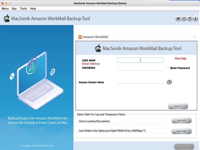 MacSonik Amazon WorkMail Backup Tool screenshot