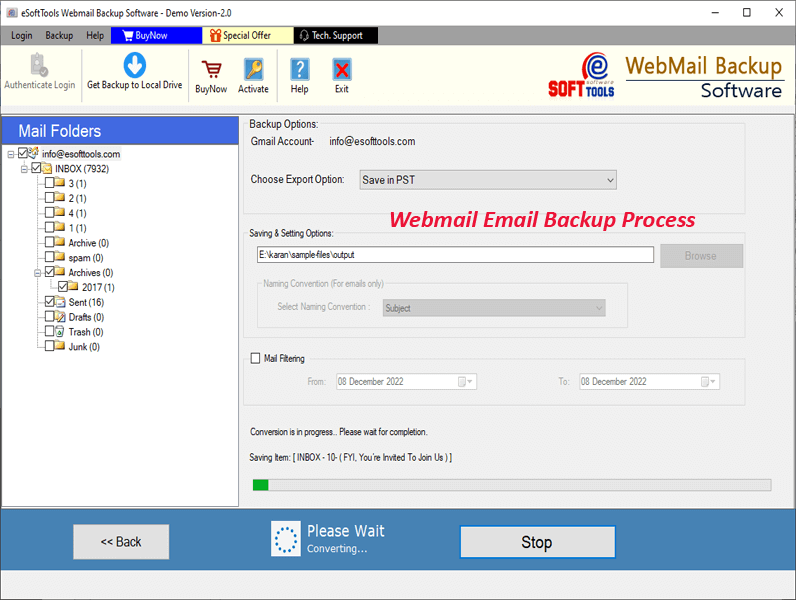 eSoftTools Webmail backup software screenshot