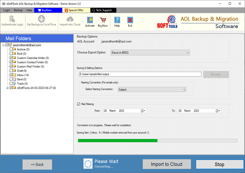 eSoftTools AOL Backup and Migration tool screenshot
