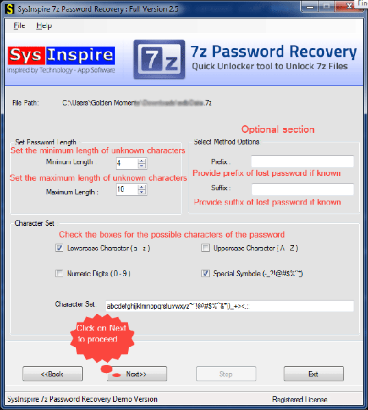SysInspire 7z Password Recovery screenshot