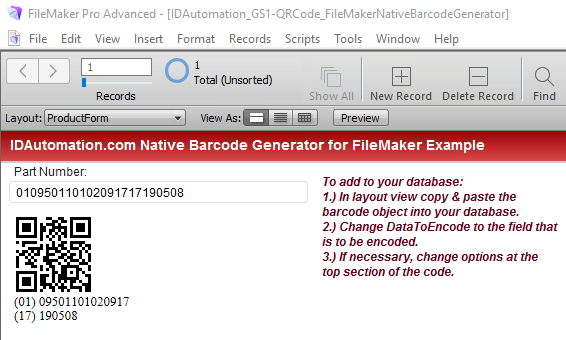 GS1 QR Code FileMaker Native Barcode screenshot