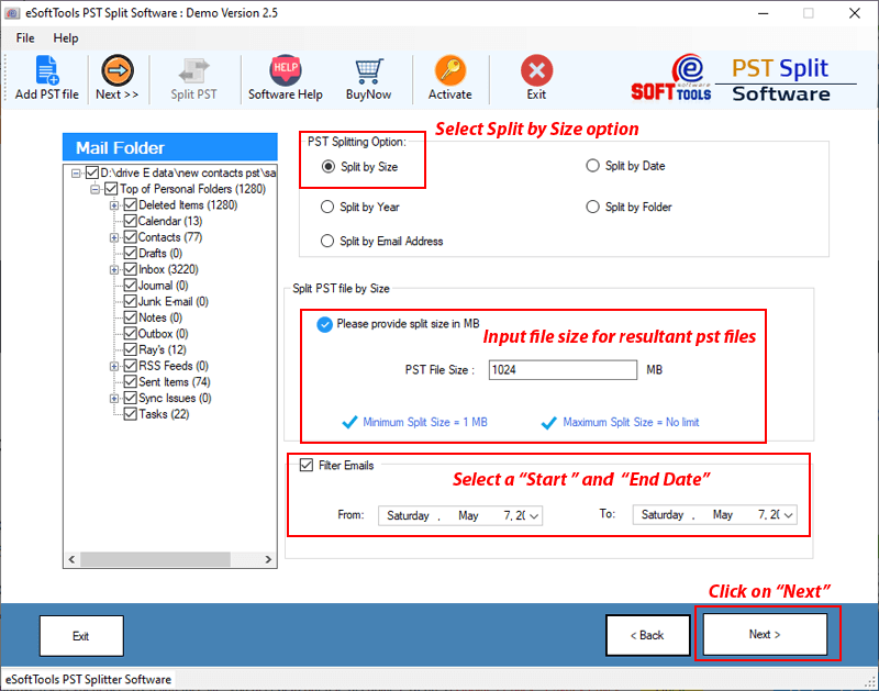 eSoftTools Outlook PST Split Tool screenshot