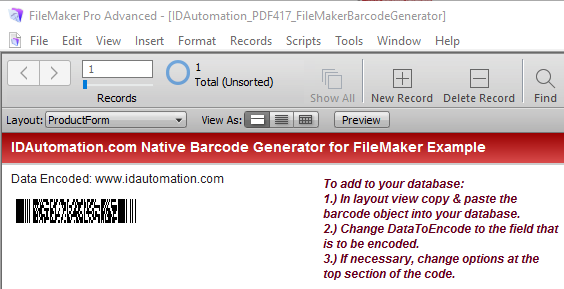 PDF417 Filemaker Barcode Generator screenshot