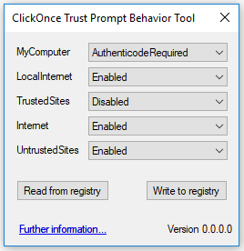 isimSoftware ClickOnce Trust Prompt Behavior Tool screenshot