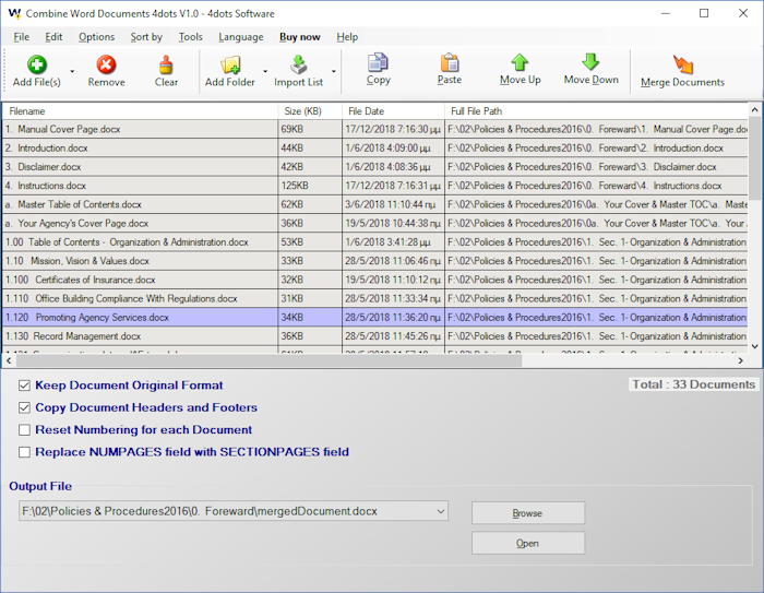 Combine Word Documents 4dots screenshot