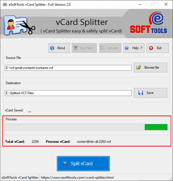 eSoftTools vCard Splitter Software screenshot