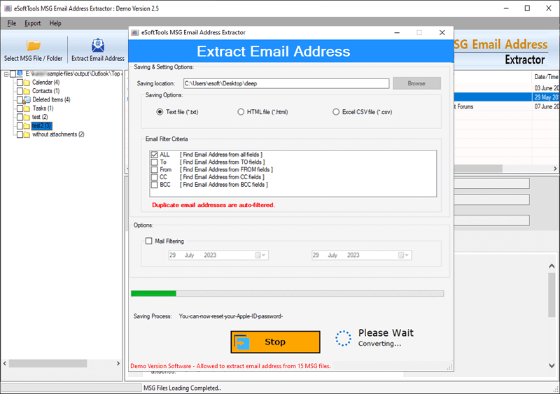 eSoftTools MSG Email Address Extractor screenshot
