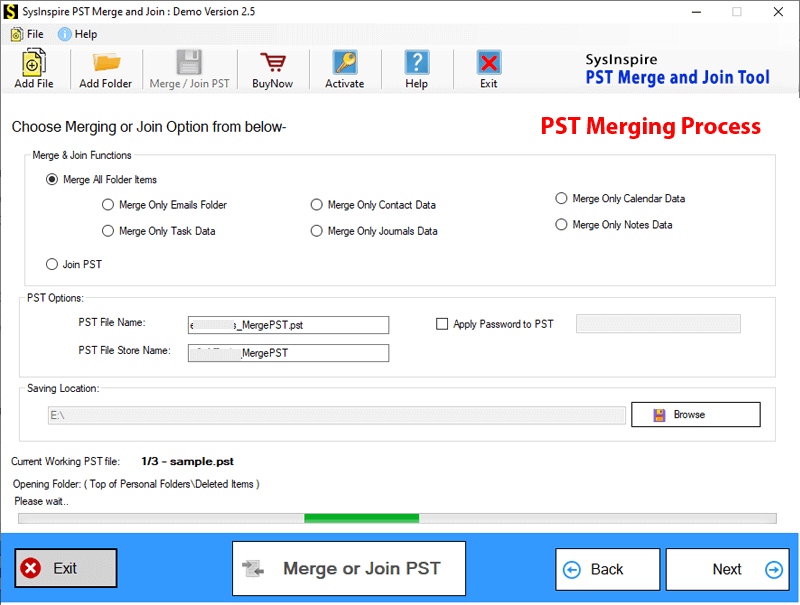 SysInspire PST Merge and Join Software screenshot