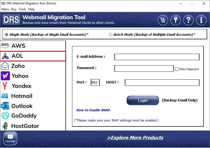 MigrateEmails AOL Backup Tool screenshot