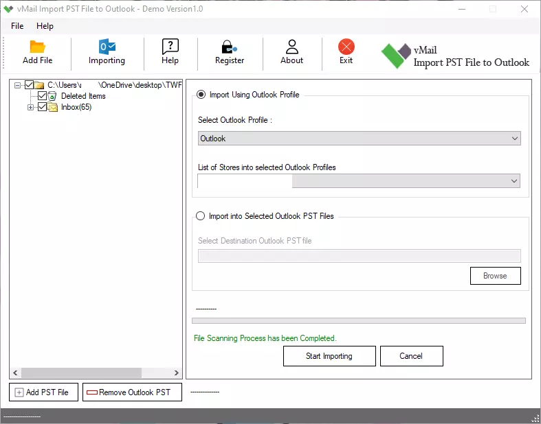 vMail Import PST File to Outlook screenshot