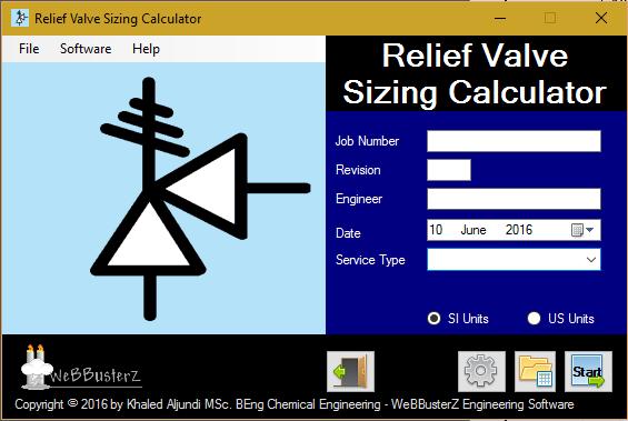 Relief valve sizing calculator screenshot