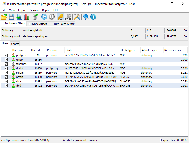 JRecoverer for PostgreSQL Passwords screenshot