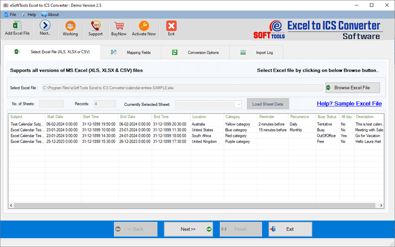 eSoftTools Excel to ICS Converter screenshot