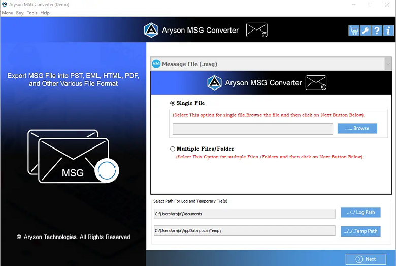 Aryson MSG File Converter screenshot
