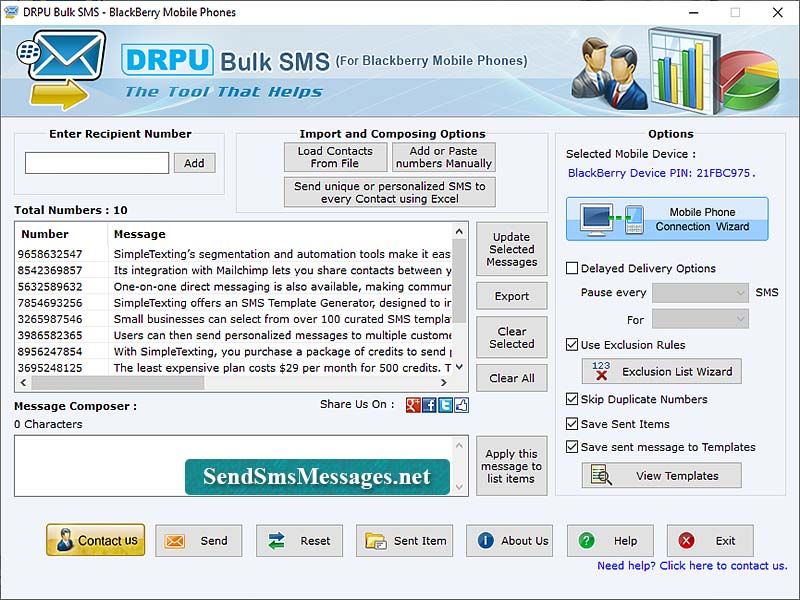 Bulk SMS Software for BlackBerry Phone screenshot