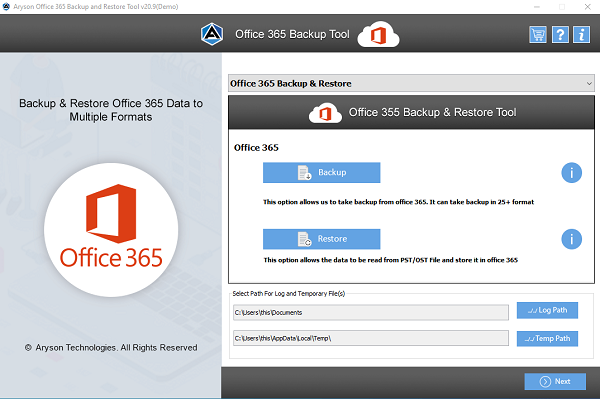 Aryson Office 365 Backup & Restore Tool screenshot