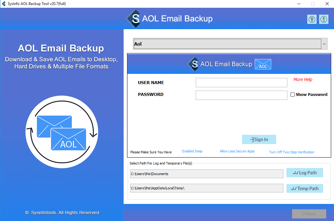 SysInfoTools AOL Mail Backup Tool screenshot