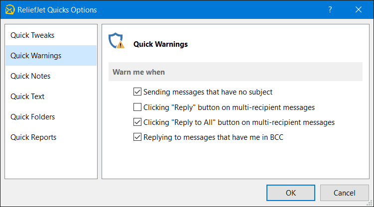 ReliefJet Quick Warnings for Outlook screenshot