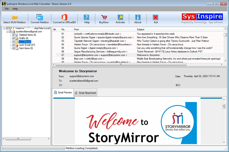 SysInspire Windows Live Mail Converter screenshot