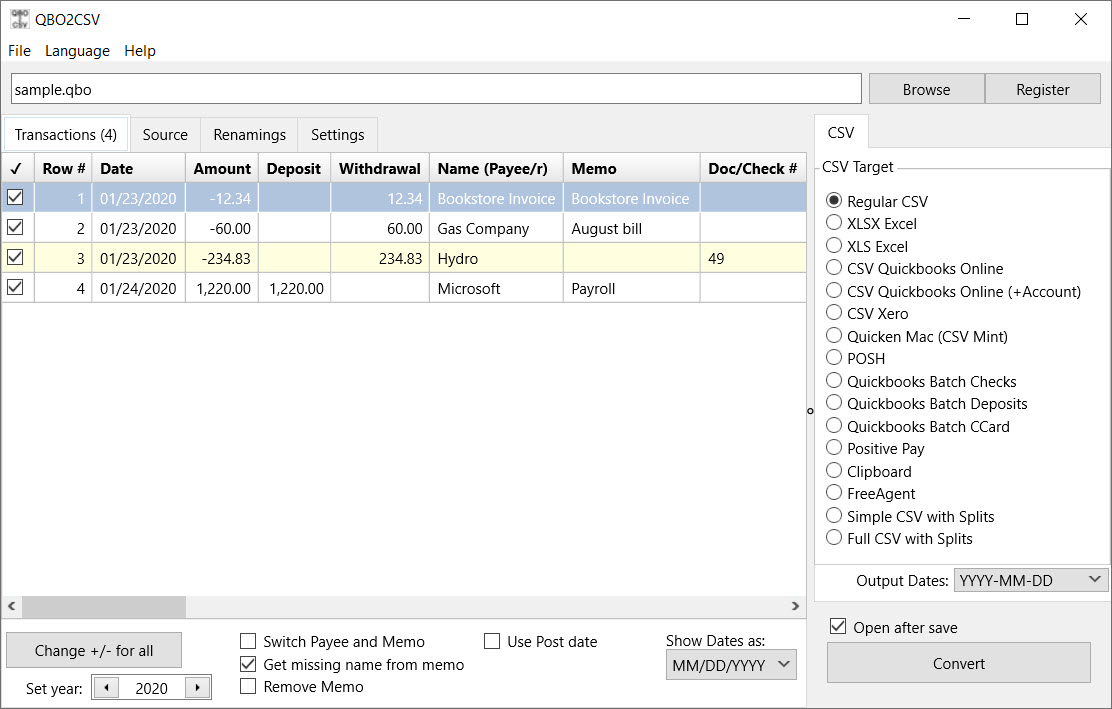 QBO2CSV screenshot