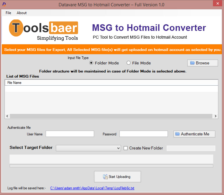 ToolsBaer MSG to Hotmail Importer screenshot