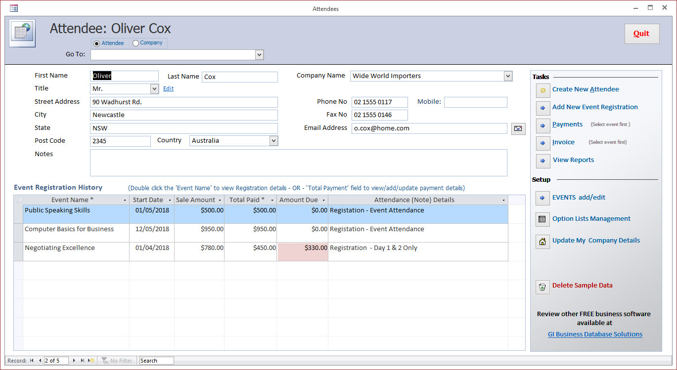 Event Management Database screenshot