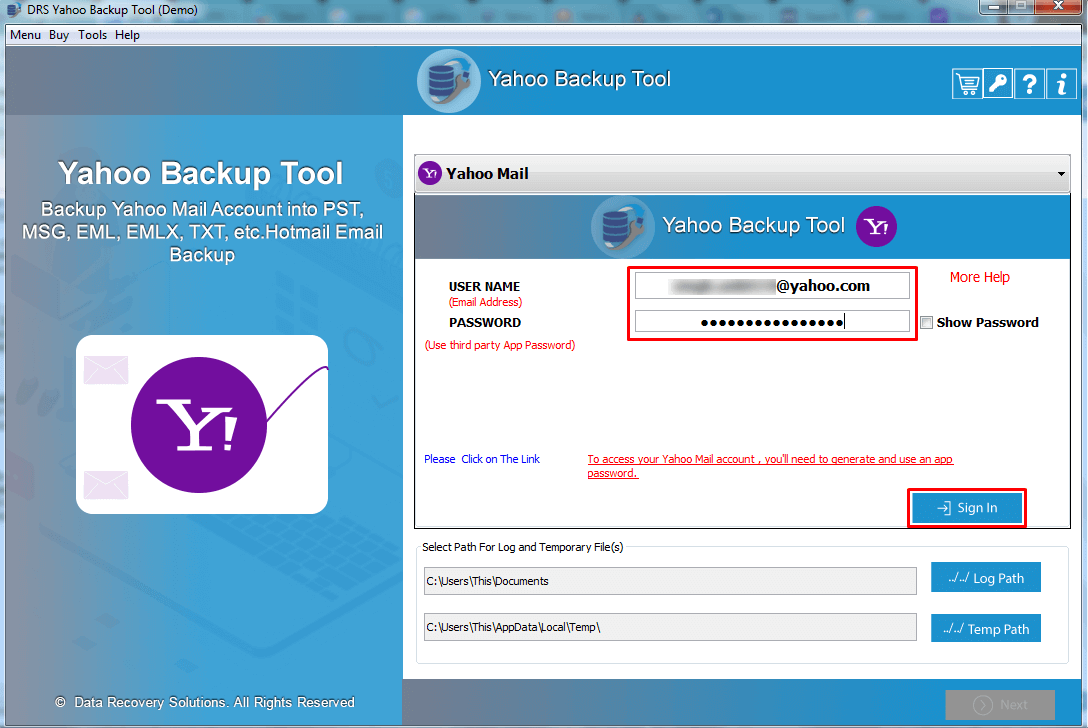 MigrateEmails Yahoo Backup Tool screenshot