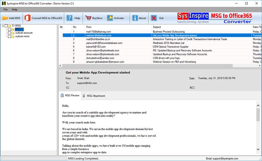 SysInspire MSG to Office365 Converter screenshot