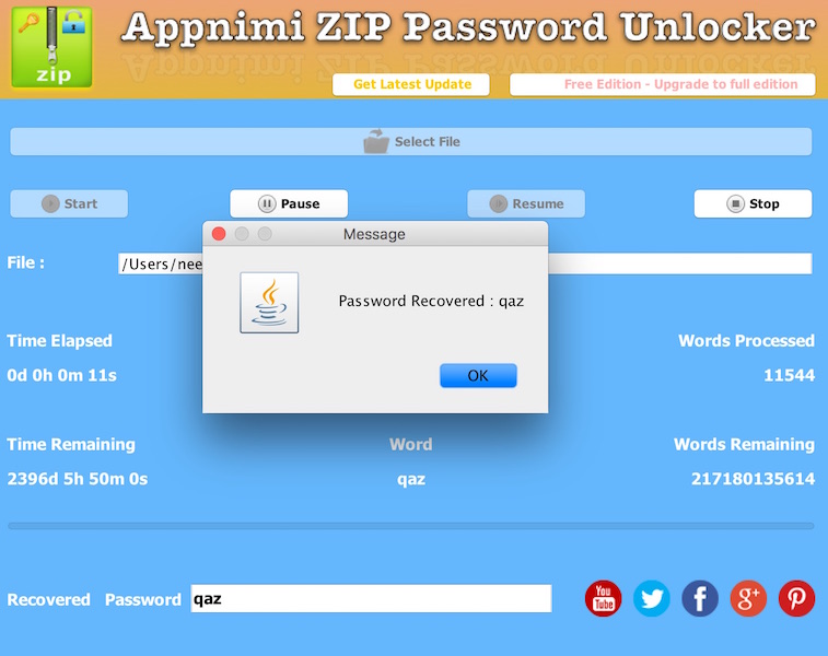 Appnimi ZIP Password Unlocker for Mac screenshot