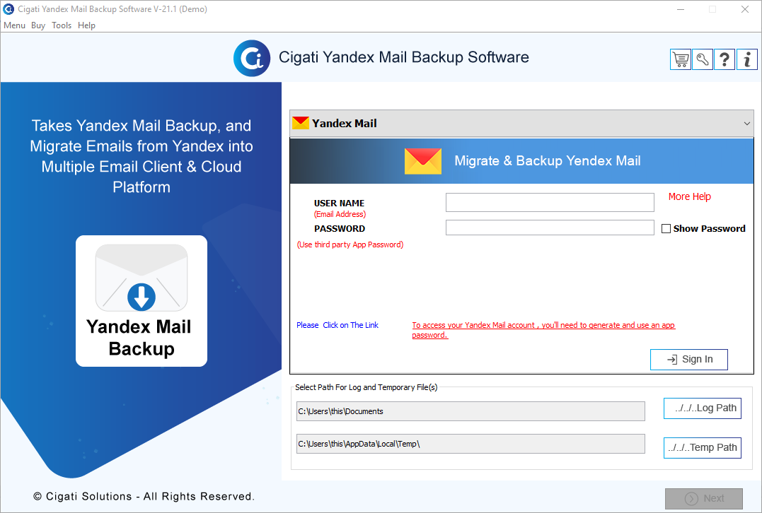 Cigati Yandex Backup Tool screenshot