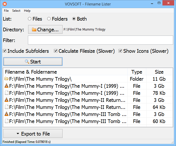 Filename Lister screenshot