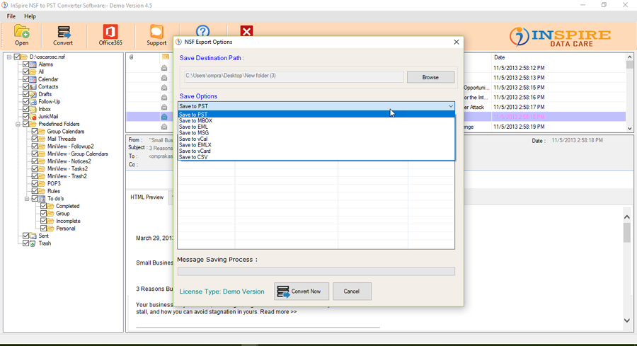 Inspire NSF To PST Converter Software screenshot