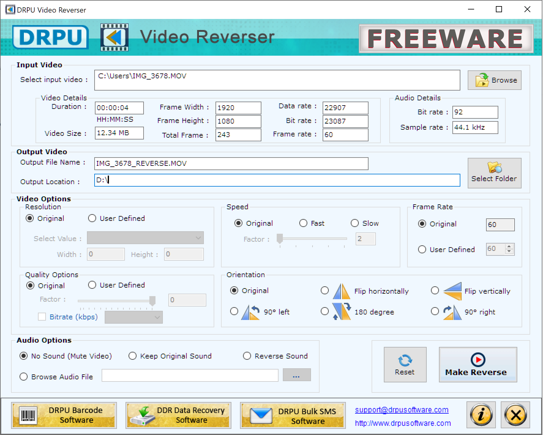 DRPU Video Reverser Freeware Software screenshot