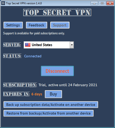 Top Secret VPN for Windows screenshot